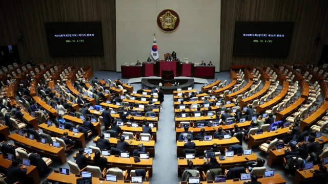 Aerial view shows lawmakers seated in voting chamber at National Assembly voting to block President Yoon's call for martial law